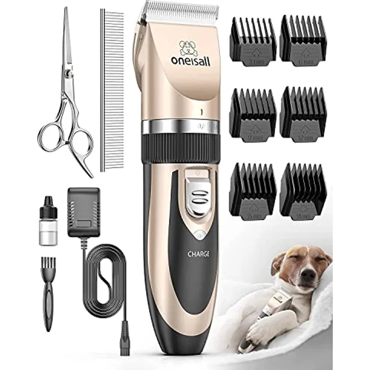 oneisall Leise Hundeschermaschine P2, Kabelloser Tierhaarschneider mit 50DB Ultra-Leise Design und abwaschbarem Messerkopf, Gold