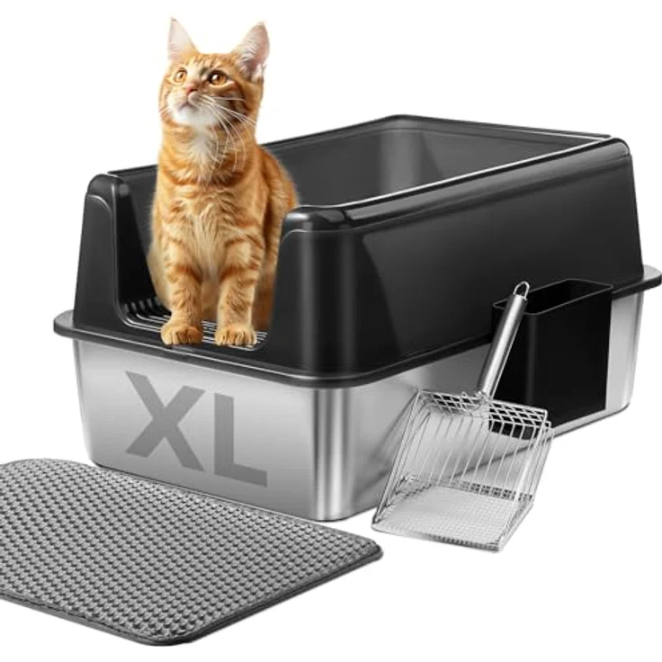 Marchul Katzentoilette XL, Edelstahl-Katzenklo für große Katzen, urindicht mit Deckel, inkl. Streumatte und Edelstahl Kot-Schaufeln, 60x40x31cm – Bild 1