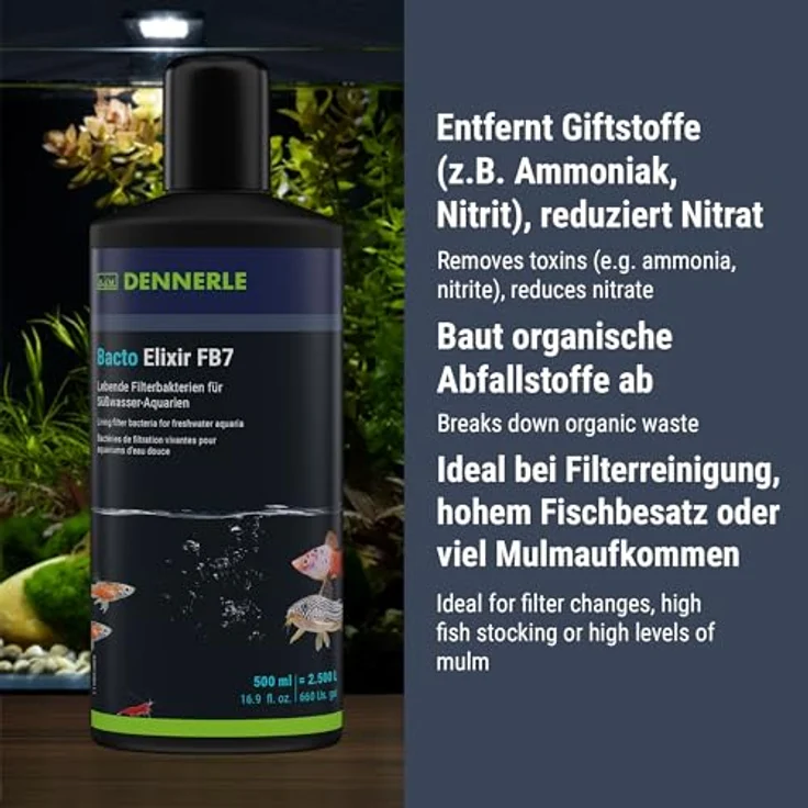 Dennerle Bacto Elixir FB7, 500 ml - Wasseraufbereiter mit lebenden Filterbakterien zur Schadstoff- und Mulmreduzierung – Bild 4