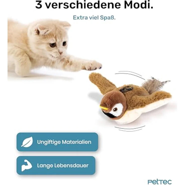PetTec interaktives Plüschtier für Katzen - Spatz, mit Bewegung und Zwitschern, aktiviert den Jagdinstinkt – Bild 4
