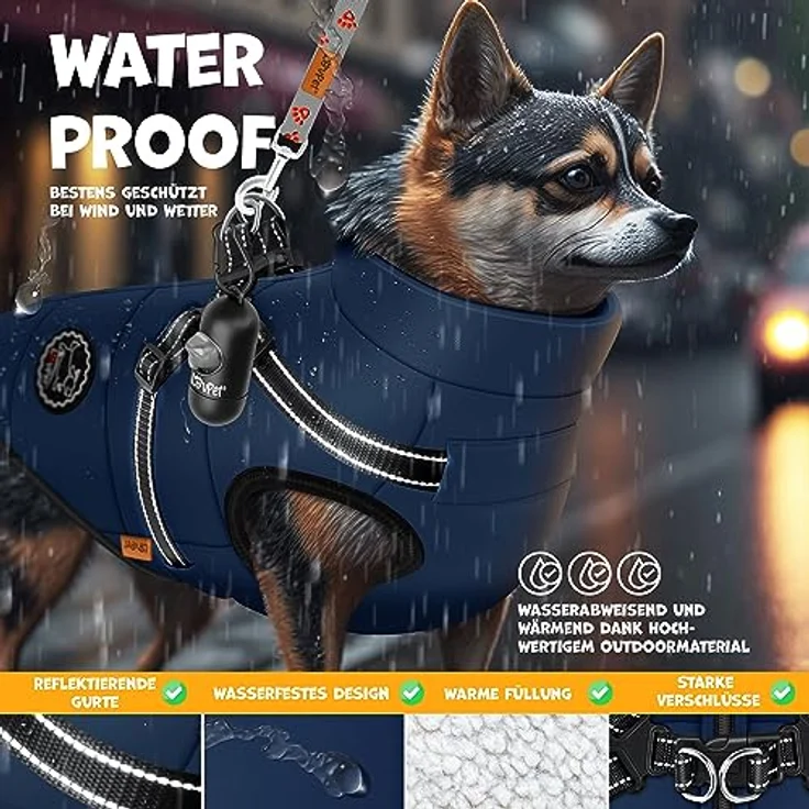 LOVPET® Hundejacke mit Geschirr, gefütterte und wasserdichte Winterweste 5XL in Navyblau, inkl. 45 Kotbeutel + Spender, gepolstert mit Reflexion und D-Ring – Bild 5