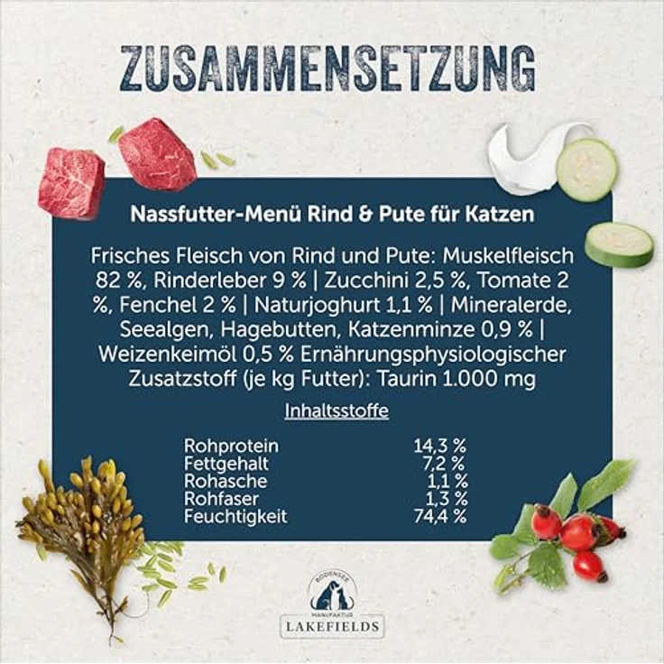 Lakefields Premium Nassfutter für Katzen | Rind & Pute 91% | Getreidefreies Katzenfutter ohne Zucker | 6 x 200g | Mit Katzenminze, Zucchini & Tomaten | Hochwertige Rezeptur aus regionalen Zutaten – Bild 4