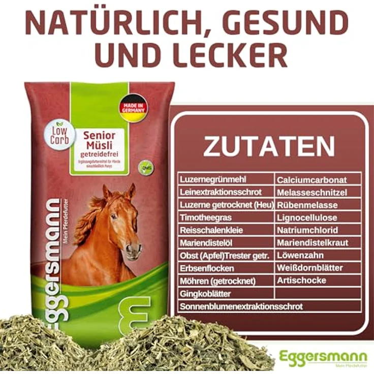 Eggersmann Pferdemüsli Senior getreidefrei, 15kg, energiereiches Futter für stoffwechselkranke Pferde mit Omega-3 und reduzierten Zuckergehalt – Bild 4