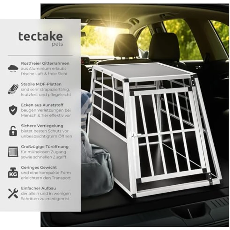 tectake® Hundebox Auto, Aluminium Hundetransportbox, leicht und stabil, trapezförmig, 65 x 90 x 69,5 cm (Single Groß) – Bild 2