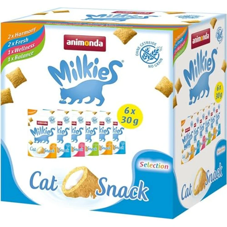 Animonda Mixed Pack Milkies Knuspertaschen, 18 x 30 g - getreidefreier Katzensnack mit 4 Sorten für Haut, Fell und Zahnhygiene, weniger als 1,5 kcal pro Stück – Bild 1