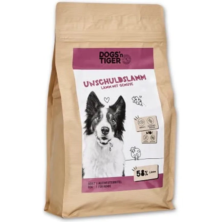 DOGS' n TIGER Dogs’n Tiger Adult Premium Hunde Futter, Unschuldslamm, Trockenfutter mit 58% Lamm & Kräutern, Monoprotein, ohne Zucker & Getreide, 2kg