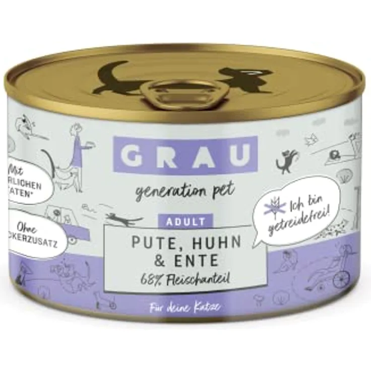 GRAU Nassfutter für Katzen – Pute, Huhn & Ente, getreidefrei, 6er Pack (6 x 200 g) für Erwachsene Katzen, leicht verdaulich