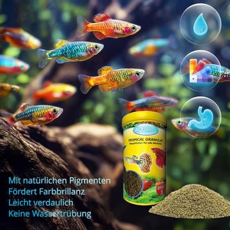 Aquaris Tropical Granulat Zierfischfutter, Hauptfutter für tropische Zierfische, 250 ml, fördert Farbenpracht, Wachstum und Immunsystem – Bild 2