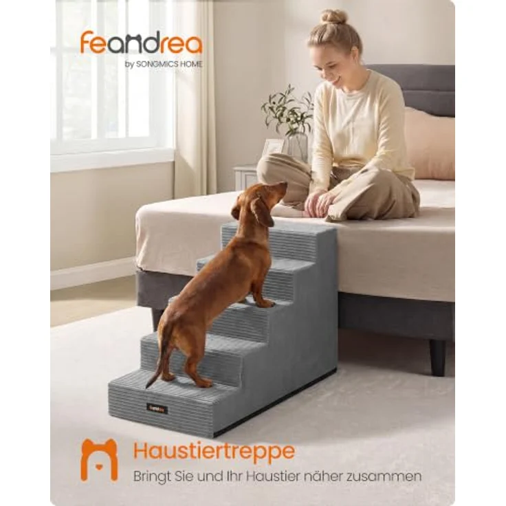 Feandrea Hundetreppe Baddi Kollektion PPS025GD01, 5-stufige Katzentreppe aus hochdichtem Schaumstoff, 76 x 40 x 57 cm, wasserdicht und waschbar, grau – Bild 2