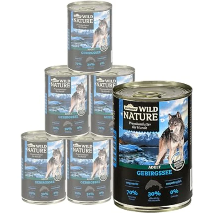 Dehner Wild Nature Hundefutter Gebirgssee, getreidefreies Nassfutter für ausgewachsene Hunde mit Lachs und Huhn, 6 x 400 g Dose (2.4 kg), 70% tierisches Protein, ohne Zucker und Soja – Bild 1