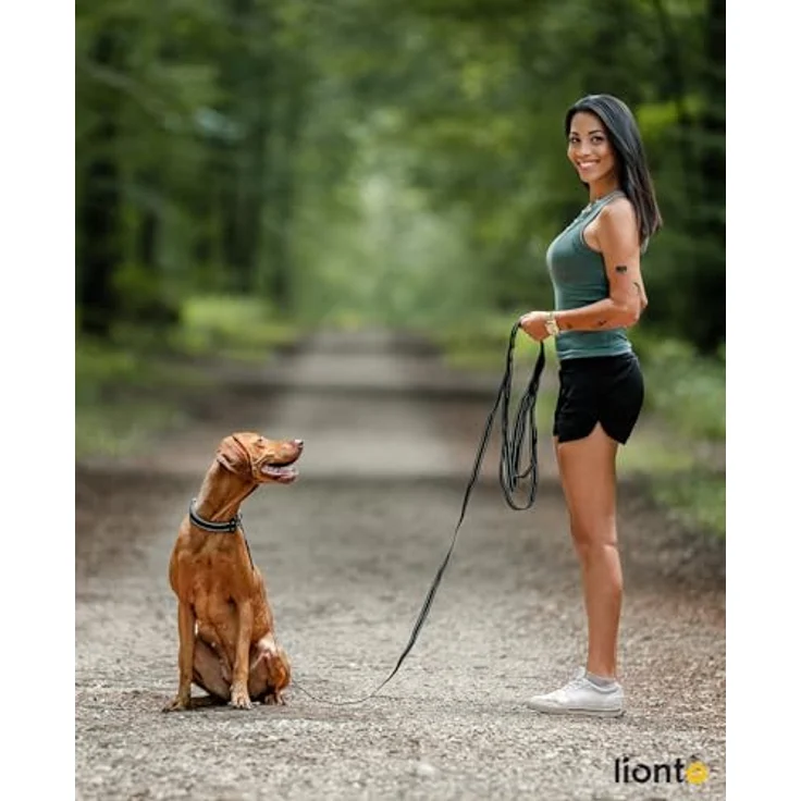 lionto Schleppleine für Hunde, 5 m, gummierte Leine mit Handschlaufe, 360° Metallkarabiner mit Sicherheitsverschluss, reflektierende, wetterfeste Nylonleine, schwarz – Bild 2