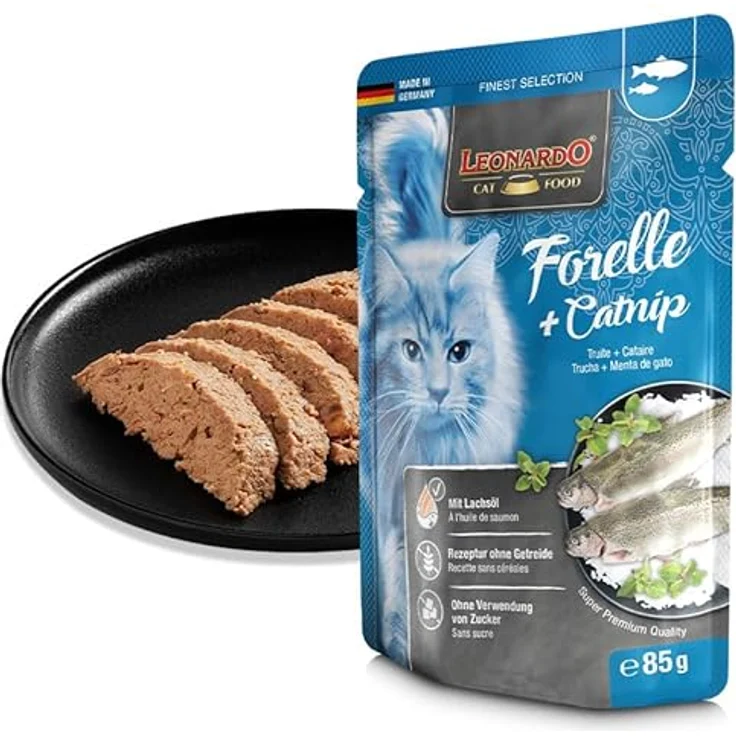Leonardo Finest Selection, Getreidefreies Katzen-Nassfutter mit Forelle und Catnip, 16x85g – Bild 2