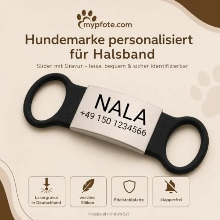 mypfote.com Hundemarke personalisiert für Halsband, Slider mit Gravur, Blau, Größe S, leise im Alltag und robuste Materialkombination – Bild 2