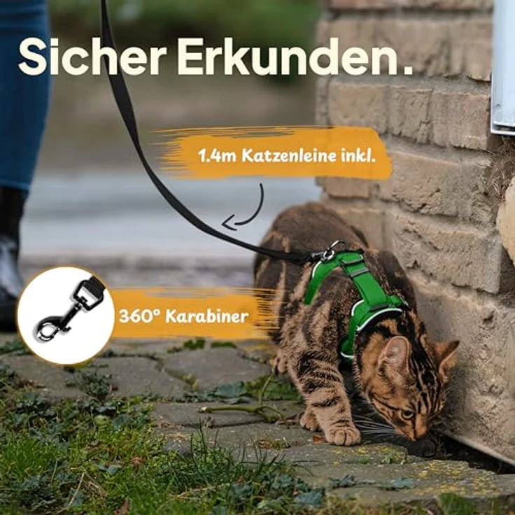 Tierhood Katzengeschirr mit Leine [Neue, LEICHTE Version] - Komfortables Set für Katzen und Kitten, Grün, Größe M, mit 1,4m Leine, sichere Schnallen und reflektierenden Elementen – Bild 2