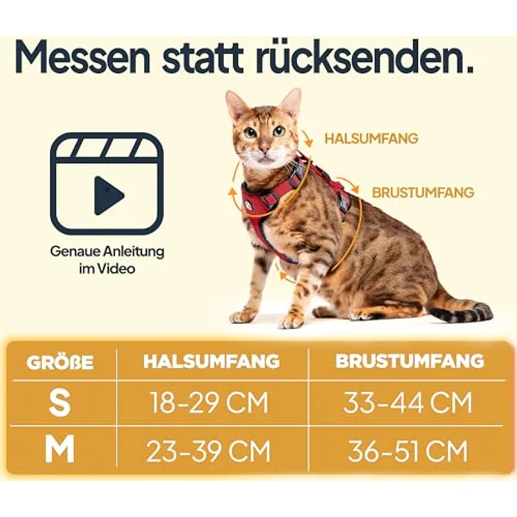 Tierhood Katzengeschirr mit Leine, Leichte Version für Katzen und Kitten, 1,4m Leine, Rot, Größe M, Reflektoren und sicheres Anlegen – Bild 3