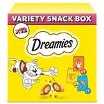 Dreamies Katzensnacks, Variety Snack Box 12x60g mit Huhn, Käse und Lachs, traumhaft knusprige Leckerlies mit zarter Füllung, 2 kcal pro Stück