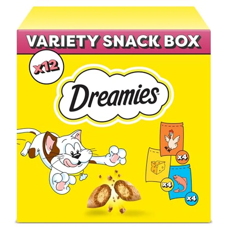 Dreamies Katzensnacks, Variety Snack Box 12x60g mit Huhn, Käse und Lachs, traumhaft knusprige Leckerlies mit zarter Füllung, 2 kcal pro Stück – Bild 1