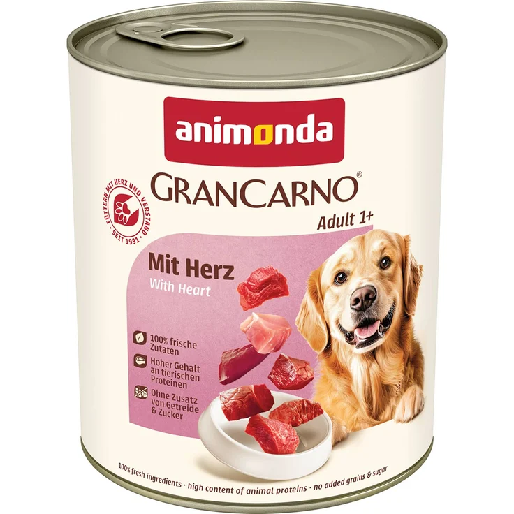 animonda GranCarno Adult mit Herz, Hunde-Nassfutter, 6x800g, ausgewogene Ernährung für ausgewachsene Hunde – Bild 1