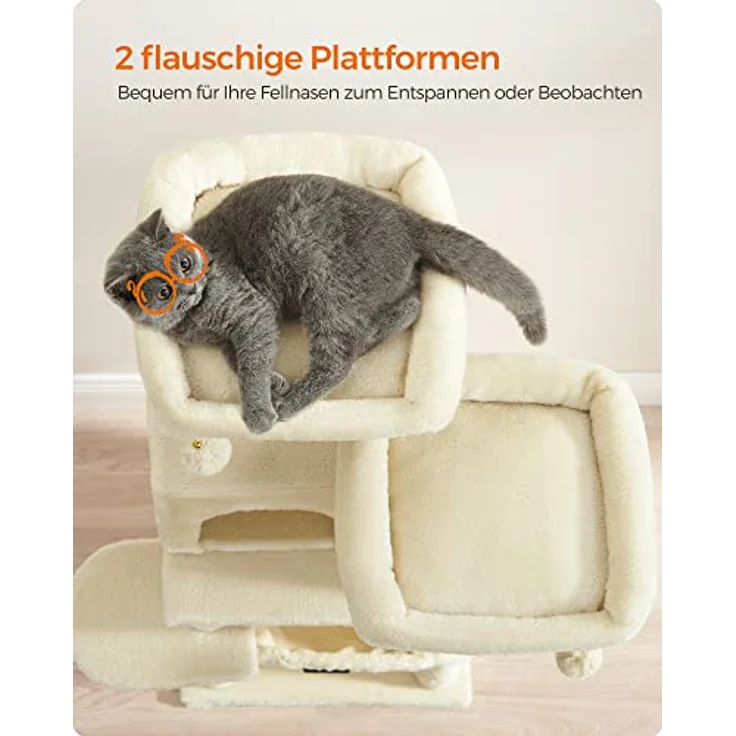 Feandrea Kratzbaum PCT215M01, 111 cm hoch, mit 7 Kratzsäulen, 2 Plattformen, 1 Höhle, 1 Hängematte, beige, Kurzflor-Plüsch, mehrstöckiges Design – Bild 4