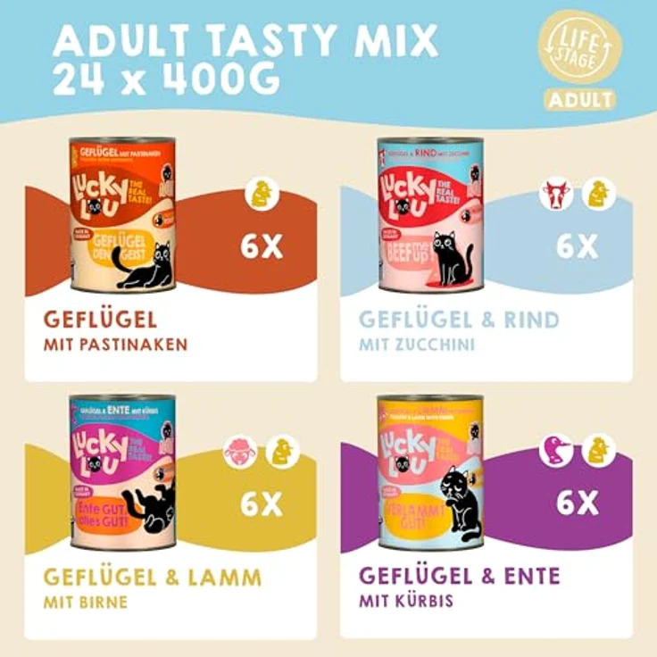 Lucky Lou Adult Mix-Paket Katzenfutter nass, 24 x 400g, getreidefreies Hochwertiges Nassfutter mit viel Protein, ohne Zucker, Made in Germany – Bild 3