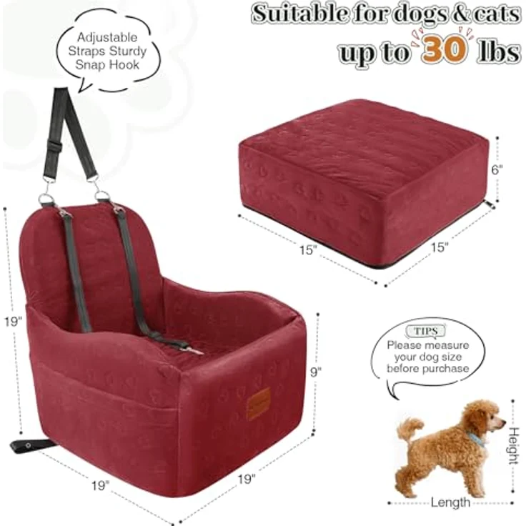 Lealchum Hunde-Autositz für kleine/mittelgroße Hunde, tragbarer Welpensitz mit erhöhtem Kissen, abnehmbar und waschbar, mit Aufbewahrungstaschen, Rot, Medium – Bild 2