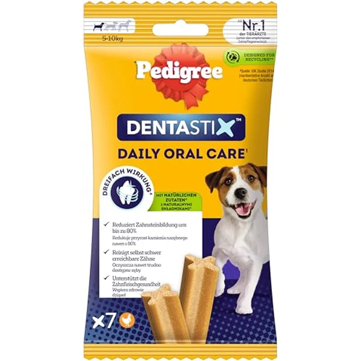 Pedigree DentaStix Hundesnack für kleine Hunde (5-10kg), Zahnpflege-Snack mit Huhn und Rind, 10 Packungen je 7 Stück (10 x 100 g), reduziert Zahnsteinbildung bis zu 80% – Bild 4