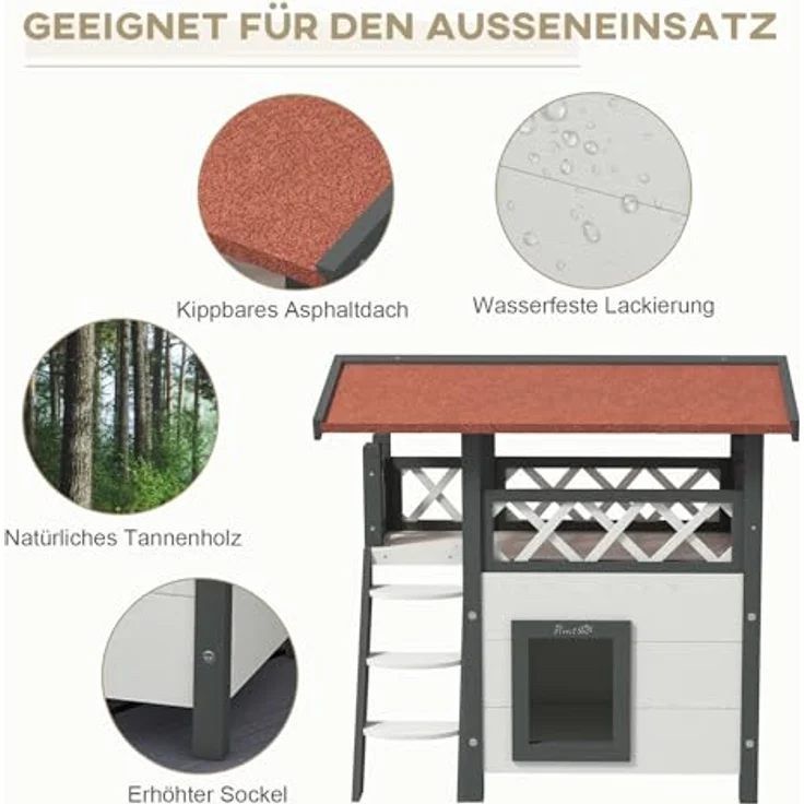 PawHut 2-stöckiges Katzenhaus mit Asphaltdach, Katzenvilla mit Balkon und Treppe, aus massivem Holz, Weiß, 77 x 50 x 73 cm – Bild 4