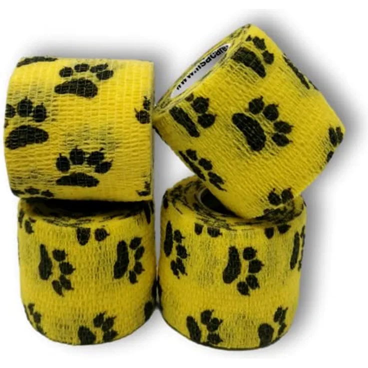 LisaCare Pfotenverband 5cm x 4,5m, 4er-Set elastische, selbsthaftende Kohäsive Bandage in Gelb mit Pfotenmotiv