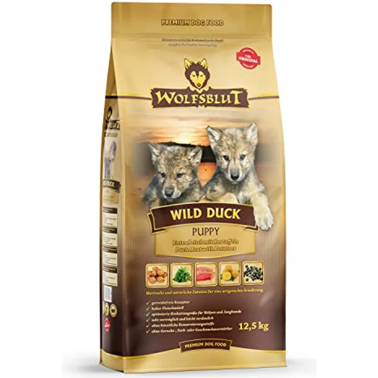 WOLFSBLUT Trockenfutter Hund Junior Wild Duck, getreidefreies Hundefutter mit frischer Ente und Superfoods, 12,5 kg