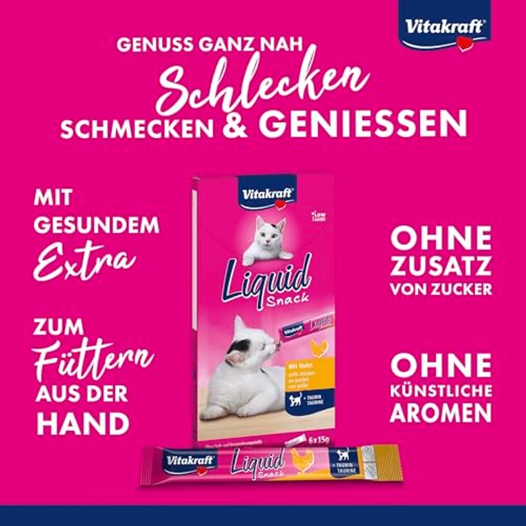 Vitakraft Liquid Snack, Katzen Leckerli mit Huhn und Taurin, cremig und kalorienarm, 6x15g Sachets zur Unterstützung von Augen und Herz – Bild 2