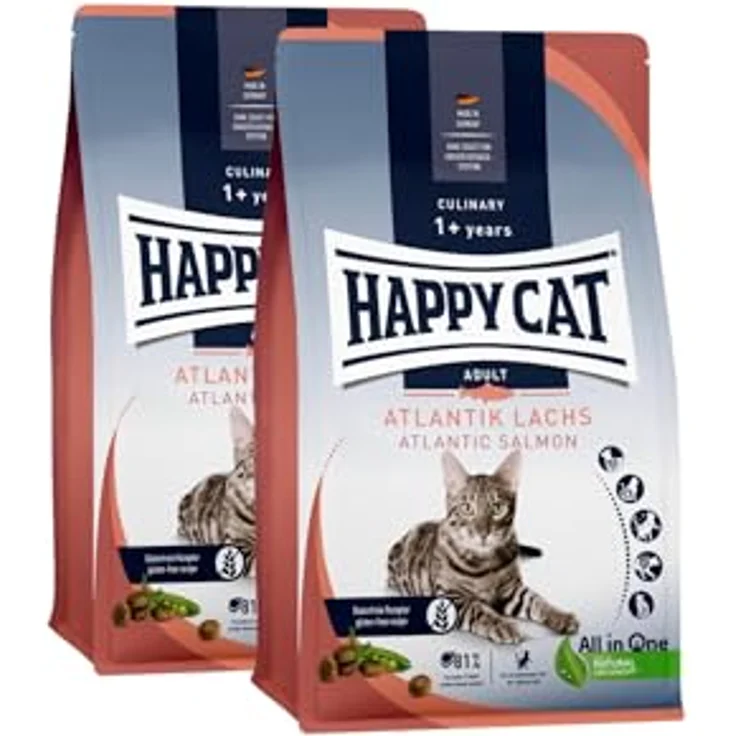Happy Cat Culinary Adult Atlantik Lachs M, Trockenfutter für ausgewachsene Katzen und Kater, 2x4 kg, leicht verdaulich, mit 80% tierischen Proteinen, ohne künstliche Zusatzstoffe, hergestellt in Deutschland – Bild 1