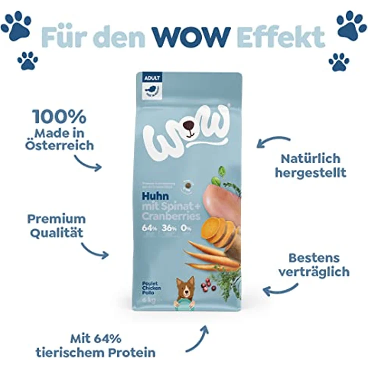 WOW Hunde-Trockenfutter Huhn, 100% natürlich, 6kg, mit 45% Fleisch und Gemüse für ausgewachsene Hunde – Bild 2
