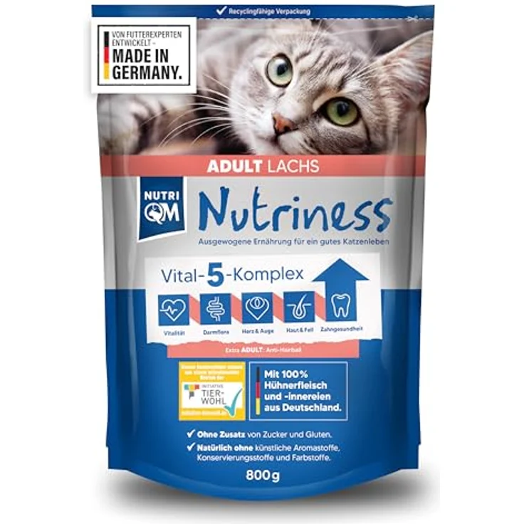 NutriQM Nutriness Adult Trockenfutter Lachs, 5×800 g – ohne Gluten & Zucker, für glänzendes Fell & starke Abwehr – Initiative Tierwohl zertifiziert – Made in Germany – Bild 1