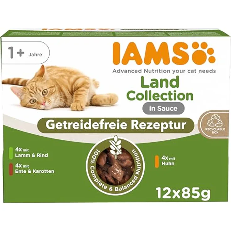 IAMS Delights Land Collection Katzenfutter Nass Getreidefrei, Multipack mit 12 x 85g in Sauce, 4x Lamm & Rind, 4x Ente & Karotten, 4x Huhn, getreidefreies Nassfutter für Katzen ab 1 Jahr