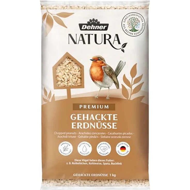 Dehner Natura Premium Wildvogelfutter, gehackte schalenfreie Erdnüsse, energiereich und proteinreich, Ganzjahresfutter für Wildvögel, 1 kg – Bild 1