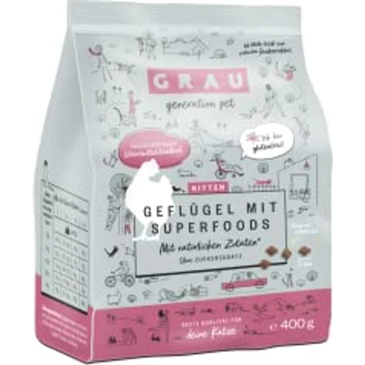 GRAU – Trockenfutter für Katzen - Kitten – Geflügel mit Superfoods, glutenfrei, 400 g, unterstützt Darmflora und Immunabwehr – Bild 1