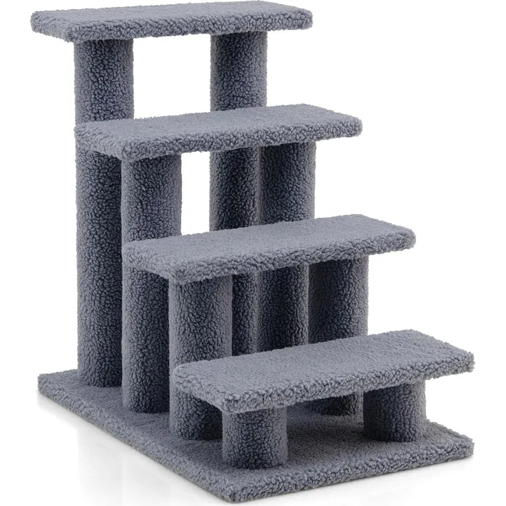 Goplus Tiertreppe Beige, Haustiertreppe für Katzen und Hunde, stabil und mit Lammfellüberzug, 60,5 cm