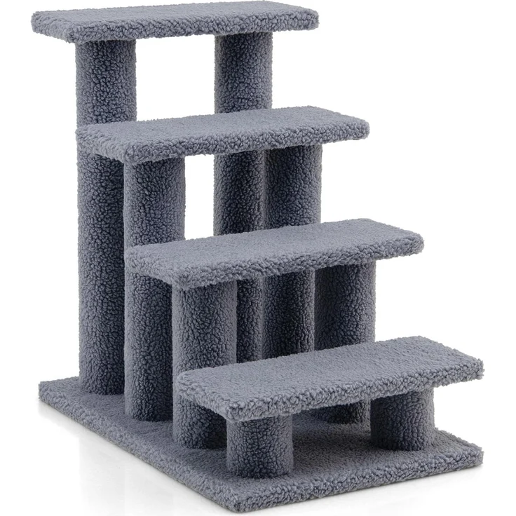 Goplus Tiertreppe Beige, Haustiertreppe für Katzen und Hunde, stabil und mit Lammfellüberzug, 60,5 cm