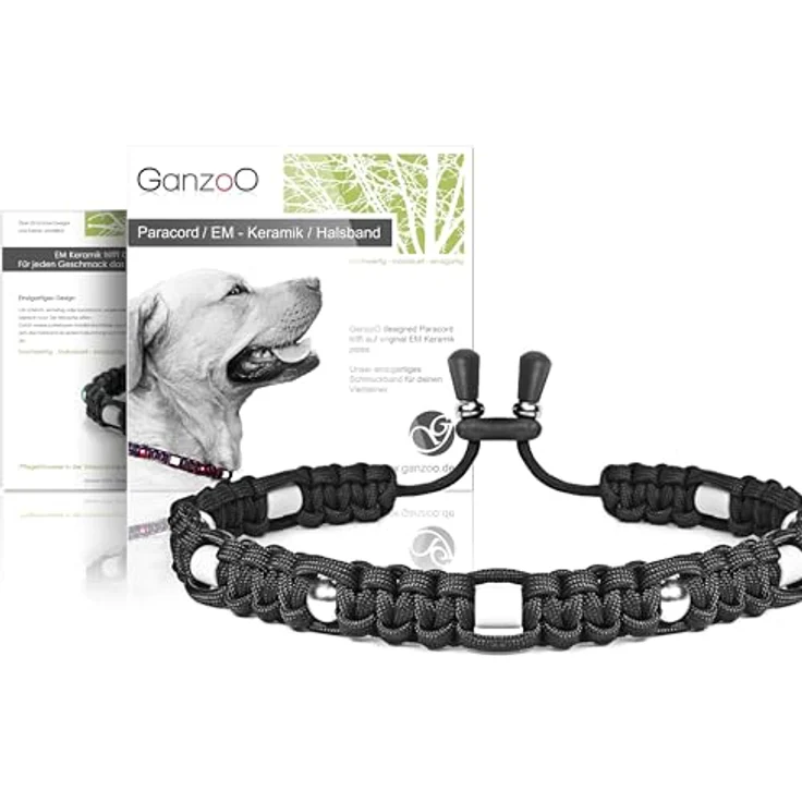 Ganzoo EM Keramik Hunde-Halsband Paracord 550, Zierhalsband mit EM Tubes und Zierperlen, Tiefschwarz, Größe L 52-64 cm, flexibel verstellbar mit Kordelstopper, pflegeleichtes Hundezubehör als Schmuck – Bild 1