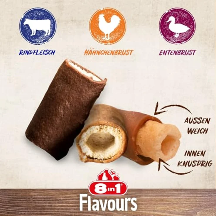 8in1 Flavours Crunchy Rolls, Hunde-Snacks mit Hähnchenbrust, Entenbrust oder Rindfleisch, knusprige Leckerlis, 85 g Beutel – Bild 3