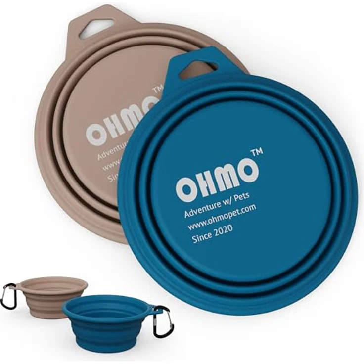 OHMO Faltbarer Hundenapf 400 ml Max, Premium Silikon, 2 Stück in Blau & Beige, tragbar für Outdoor Camping und Wandern – Bild 1
