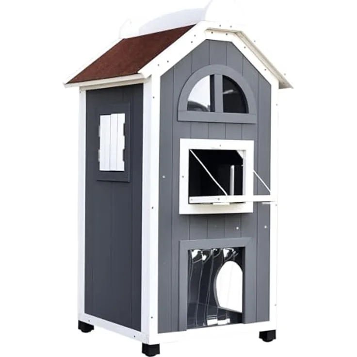 PawHut 2-stöckiges Katzenhaus für Draußen aus Tannenholz, wetterfest mit Asphaltdach, Blau, 59 x 55 x 109 cm, für bis zu 30 kg belastbar, mit Balkon und Hängematte