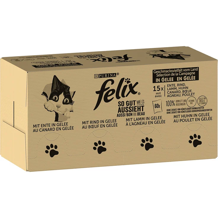 Felix Jumbopack "So gut wie es aussieht" Gelee, 120 x 85 g, Fleisch Mixpaket 1 (Rind, Huhn, Ente, Lamm), für ausgewachsene Katzen, ohne künstliche Zusätze