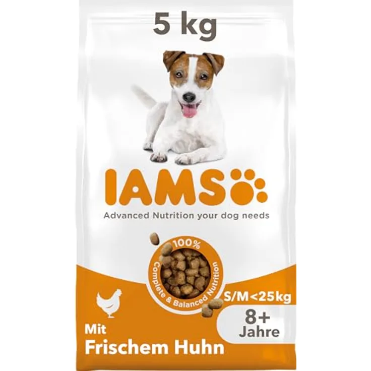 IAMS Senior Hundefutter trocken mit Huhn, Trockenfutter für ältere Hunde ab 8 Jahren, 5 kg, für kleine und mittelgroße Rassen, weizenfrei, reich an tierischem Protein