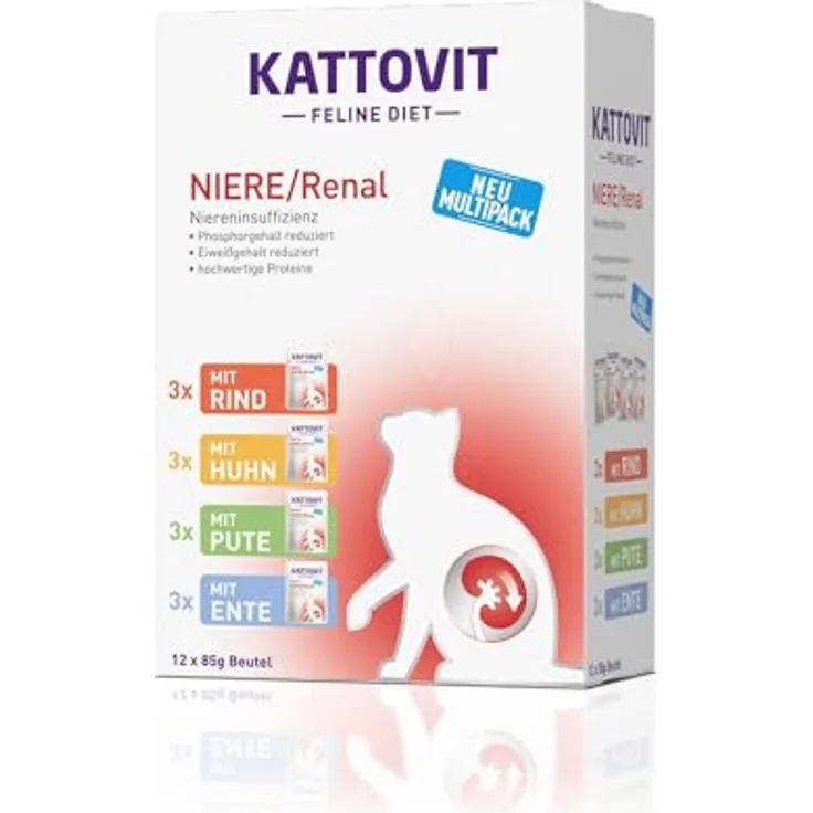 Kattovit Feline Diet Nassfutter Katze Niere/Renal Multipack in Sauce, 12 x 85 g, zur Unterstützung der Nierenfunktion, reduzierter Eiweißgehalt, harnalkalisierend