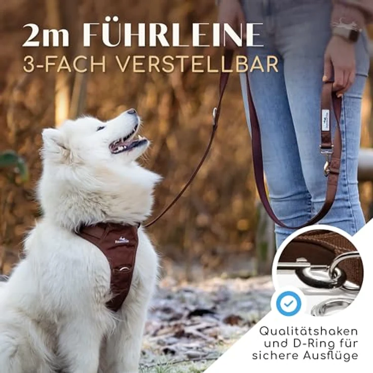 FREUDENTIER Hundeleine Model Clyde, 2m verstellbar, weich gepolstert, robust für mittelgroße & große Hunde, Braun, 25mm – Bild 2