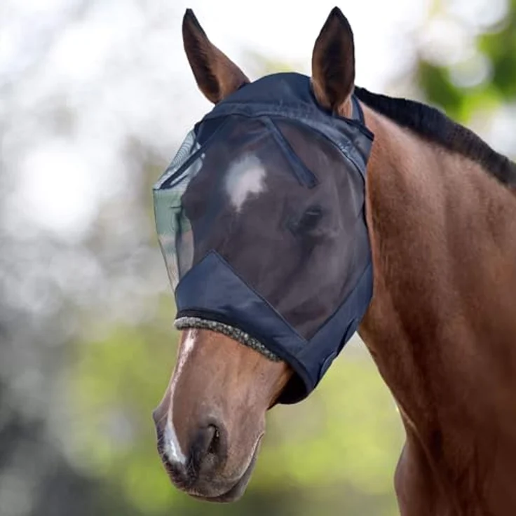 Harrison Howard CareMaster Pferde Fliegenmaske mit UV-Schutz, Schwarz, ergonomisches Design und Fleece-Polsterung, Größe M – Bild 2