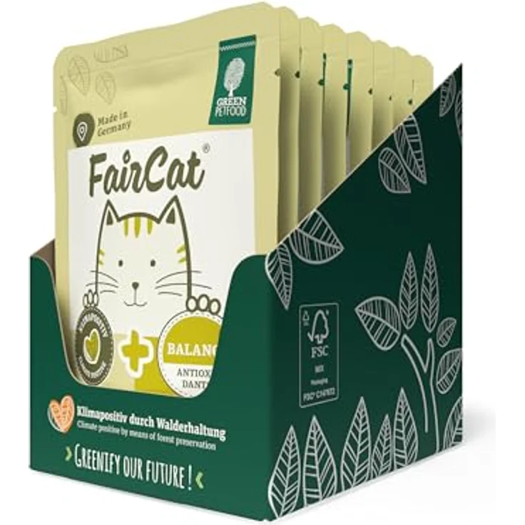 Green Petfood FairCat Balance, getreidefreies Nassfutter für ausgewachsene Katzen mit Tierwohl-Hühnchen, grünem Tee und Vitamin C+E, 8 x 85 g – Bild 1