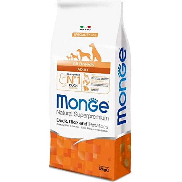 Monge Natural Superpremium Monoprotein Adult Duck with Rice and Potatoes, Trockenfutter für Hunde mit optimaler Verdaulichkeit, ohne Farbstoffe, 12 kg – Bild 1