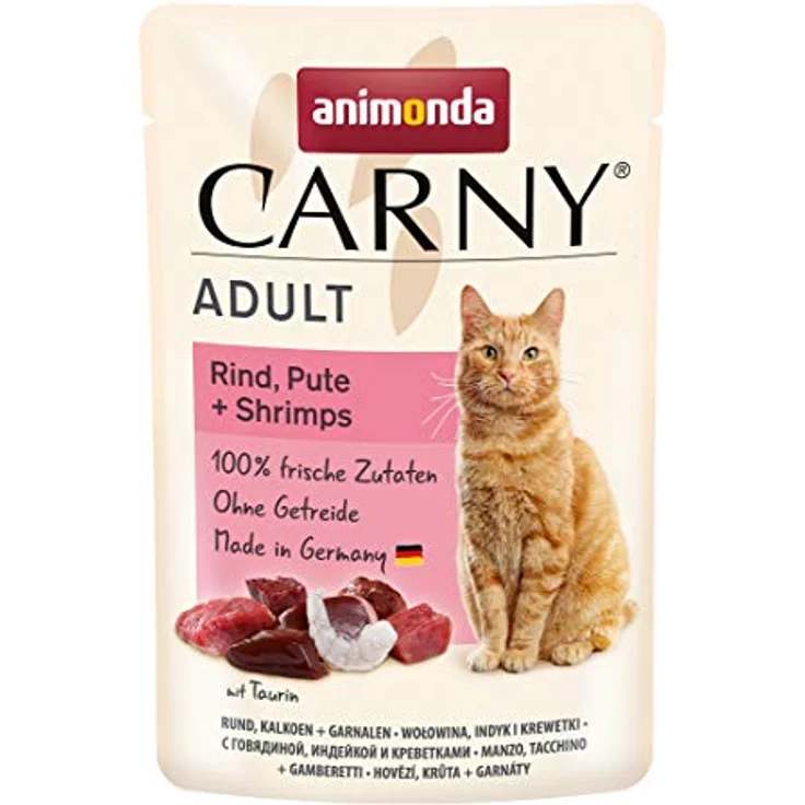 animonda Carny Katzenfutter nass Rind, Pute + Shrimps, getreidefreies Katzenfutter ohne Zucker, 12 Portionsbeutel (12 x 85g) mit frischen Fleischzutaten – Bild 1
